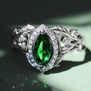 Emerald Marquis Gem Leaf Weave Silver Noble Rings for Women, MARR9100